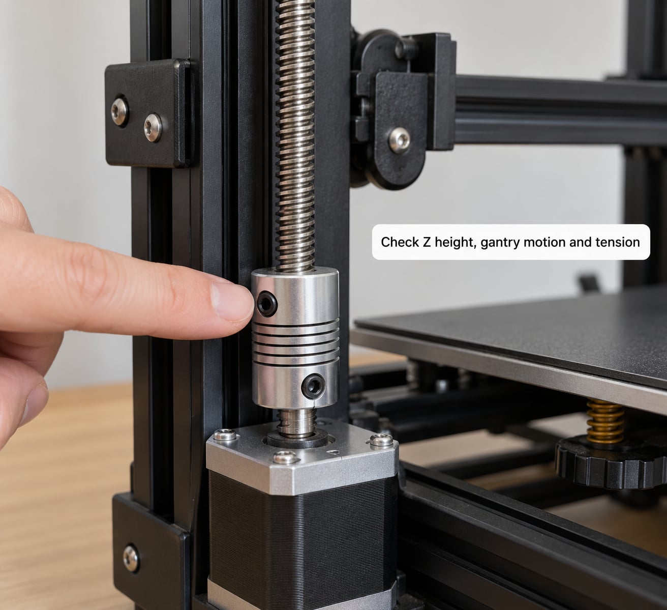 Check Z height, gantry motion and tension